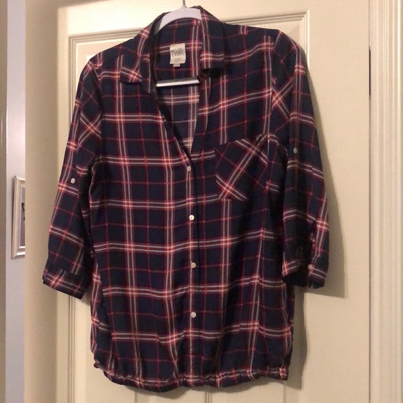 Twik‎ Women's Navy Red Plaid Pullover Blouse Sz L Button Detail Casual Office - Picture 1 of 4